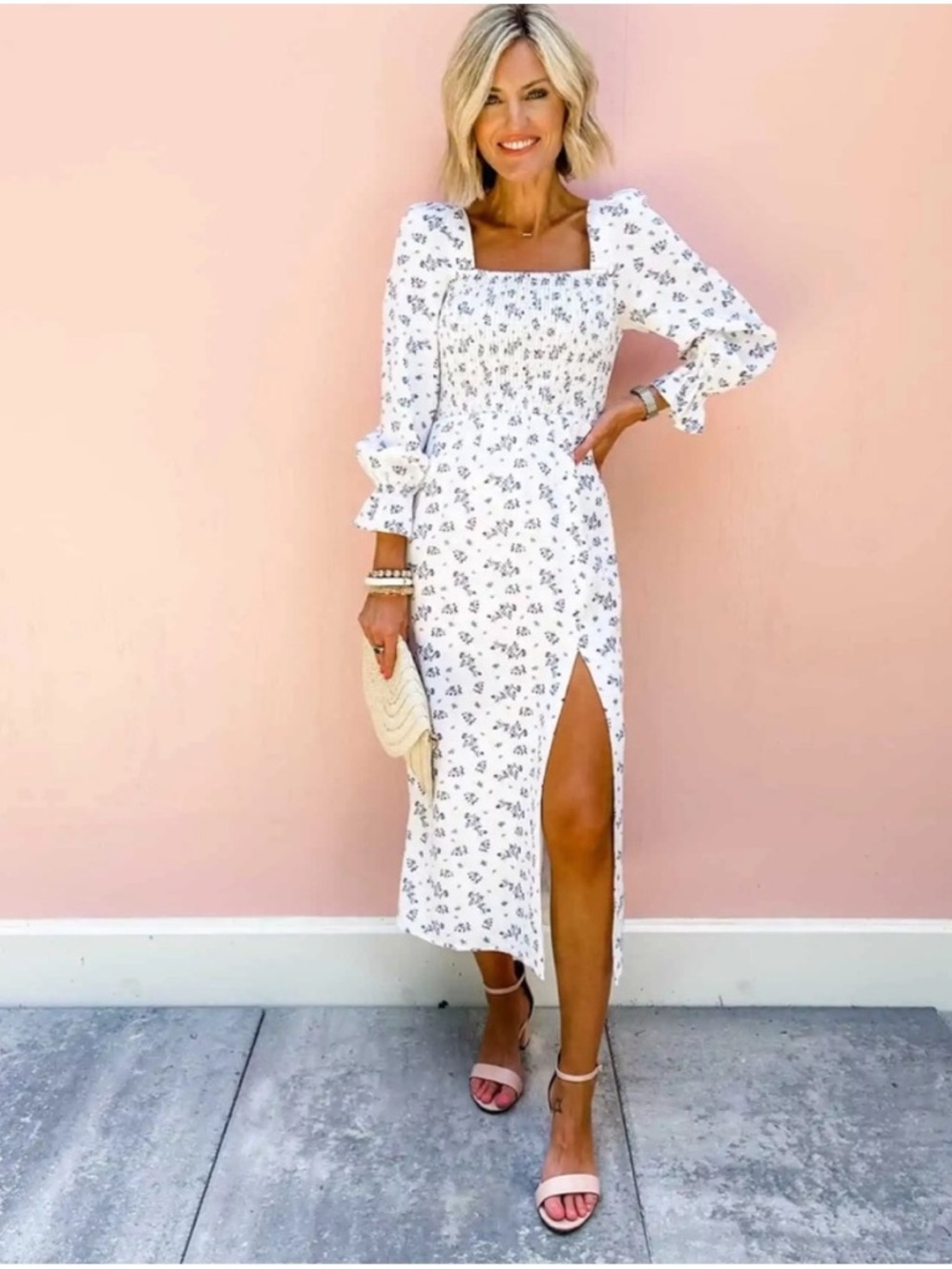 House of Harlow 1960 White Floral Smocked Midi Dress with Side Slit